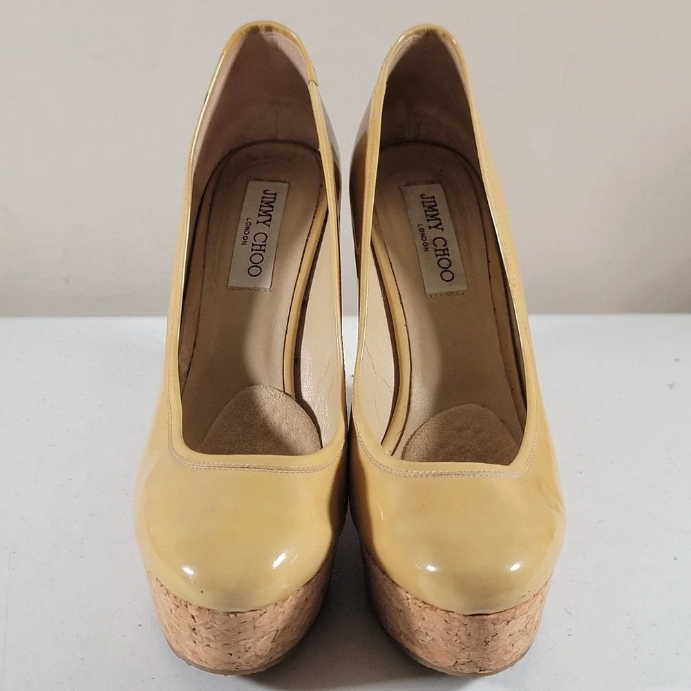 Jimmy Choo Papina Womens 9.5 Patent Leather Cork Wedge Platform High Heels Shoes - Picture 7 of 11